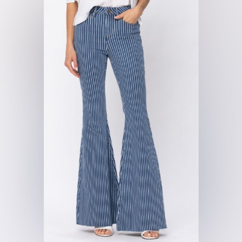 Judy Blue Blue & White Vertical Stripe Flare Jeans